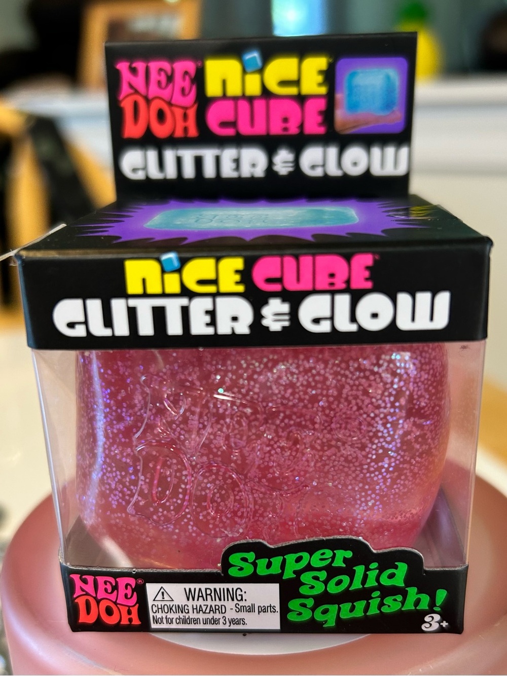 NEEDOH Pink Glitter & Glow Squishy Stress Toy Cube NEW in Box